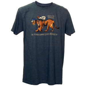 navy heather short sleeve t-shirt with The Pennsylvania State University Back to School, Nittany lion wearing backpack and hat
